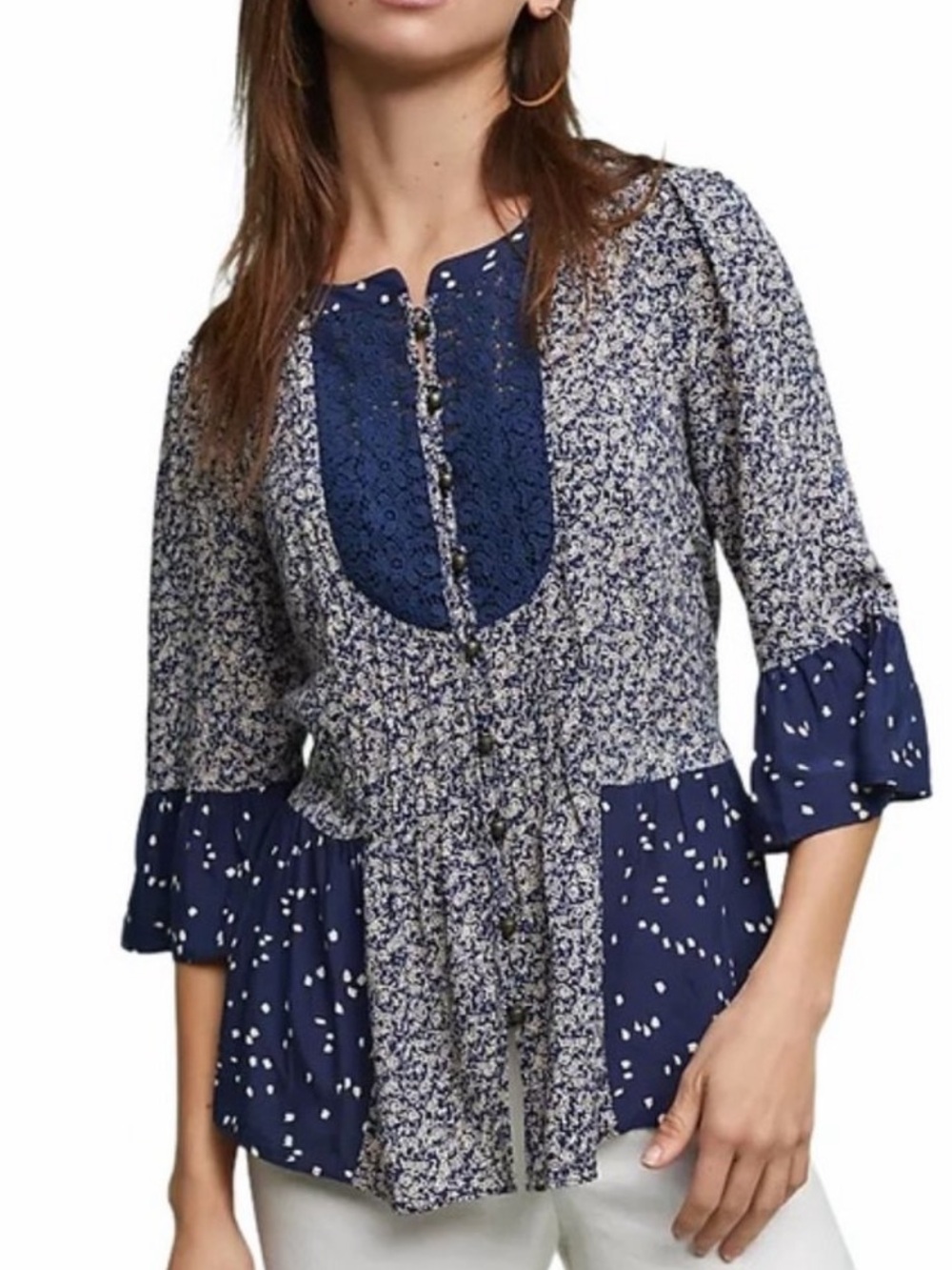 Maeve Mixed-Print Lace-Trim Peasant Blouse